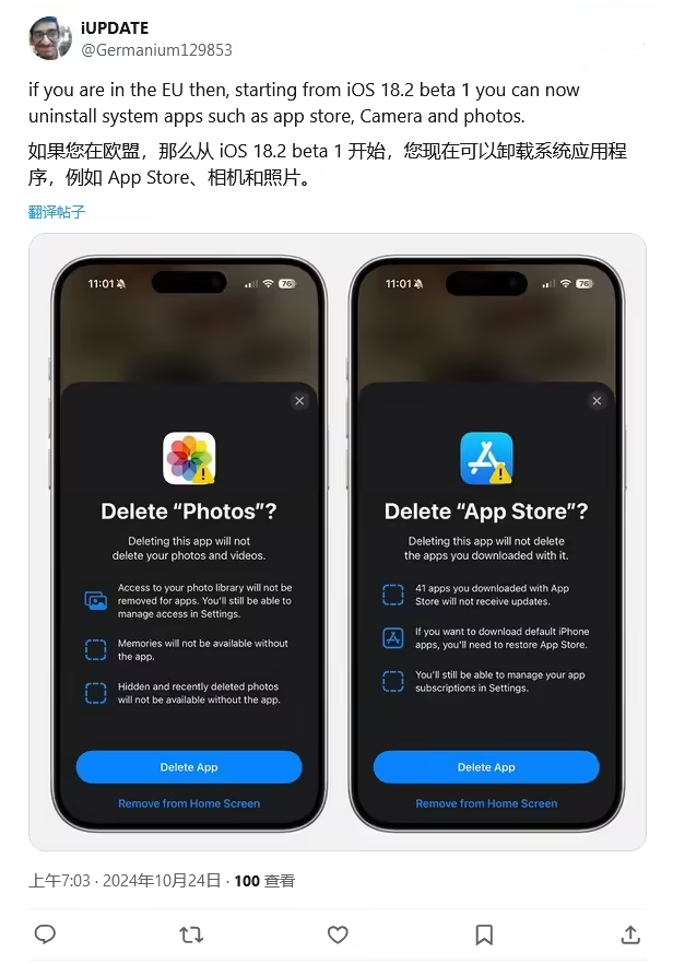 五寨苹果手机维修分享iOS 18.2 支持删除 App Store 应用商店 