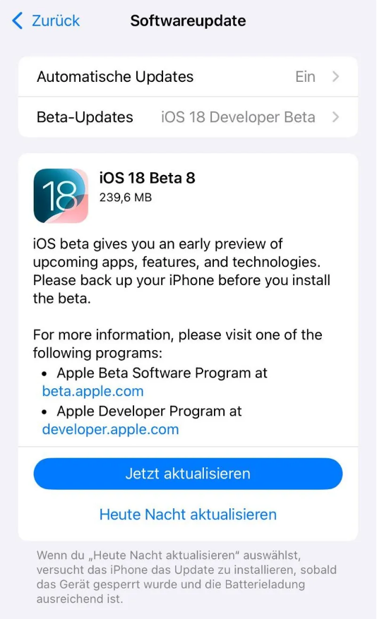 五寨苹果手机维修分享苹果 iOS / iPadOS 18 开发者预览版 Beta 8 发布 